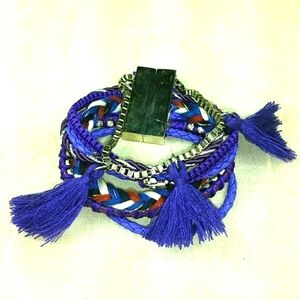 Boho Multi-Strand Bracelet Purple Tassel Woven Anchor Charm Festival Layering